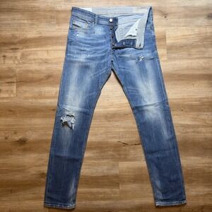 Diesel Tepphar Jeans Men 34x32 Blue Slim Carrot Stretch Thrashed 084MX (Tag33)